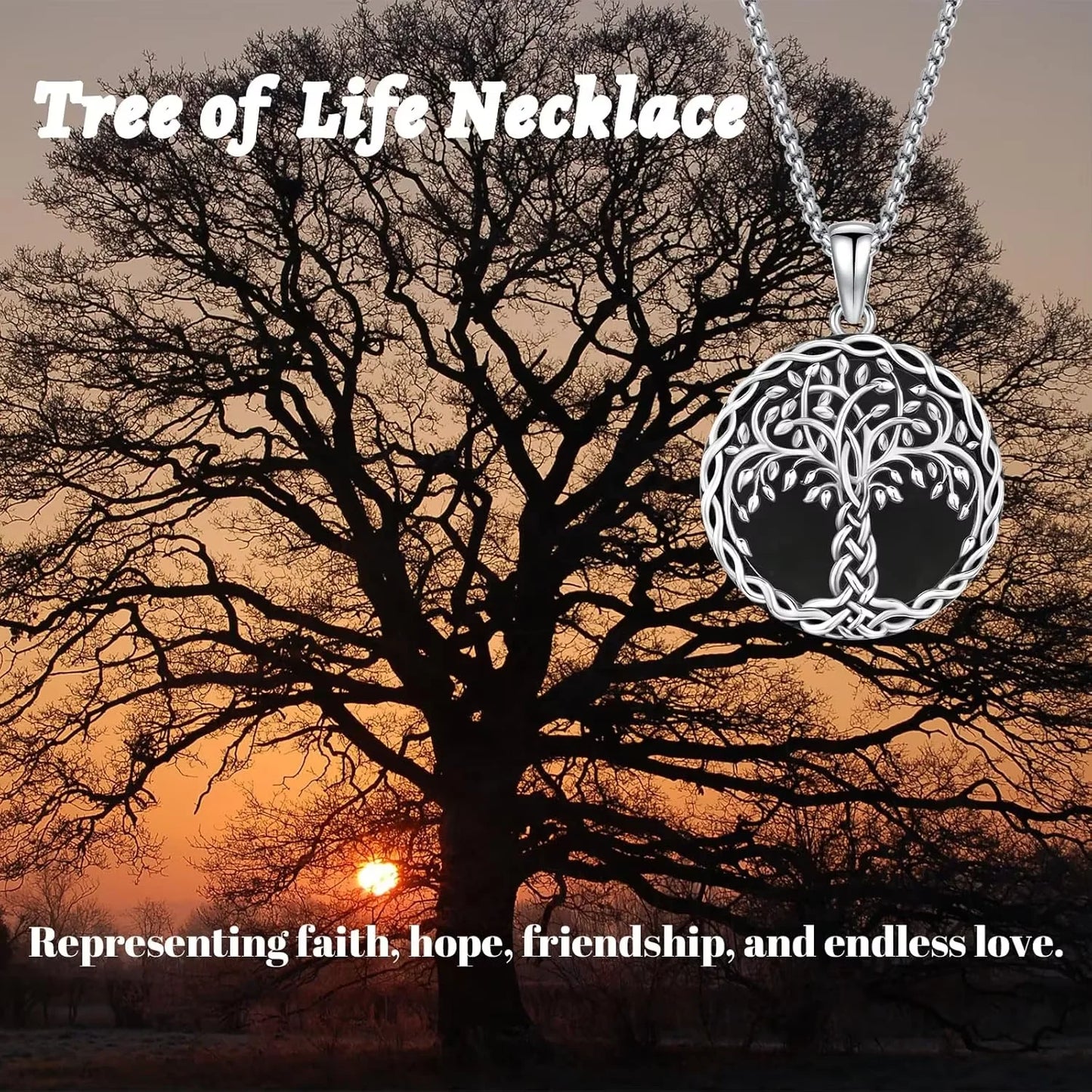 925 Sterling Silver Tree of Life Necklace Pendant Black Agate Celtic Knot