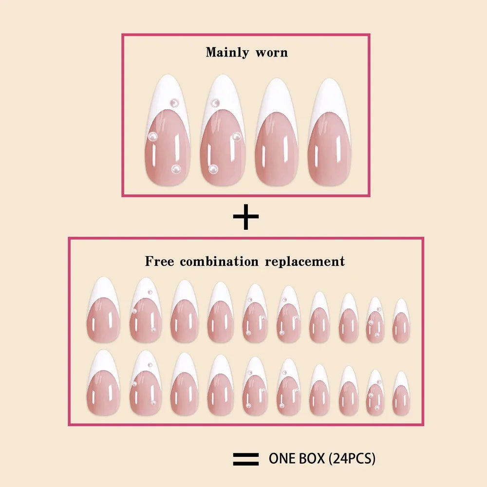 Girls Women 24Pcs/Set French white edged pearl Fake Nails