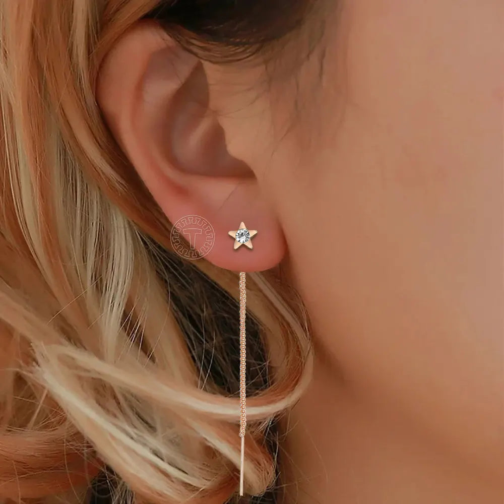 585 Rose Gold Color Long-Chain Drop Earrings for Women/Girls Star CZ DGE345