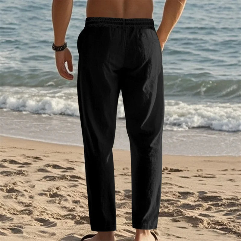 Men s Lightweight Drawstring Linen Pants with Pockets Comfortable Straight Leg Casual Trousers