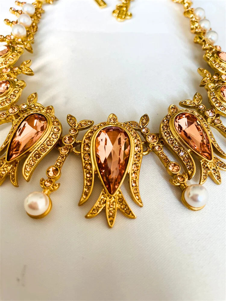 Oscar Golden crystal pearl Rhinestone Necklace