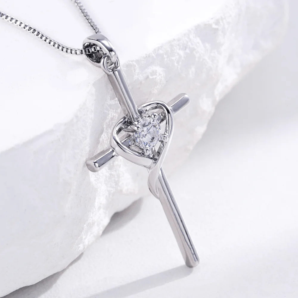 925 Sterling Silver Cross Zircon Necklace Pendant for Women Chain Prayer