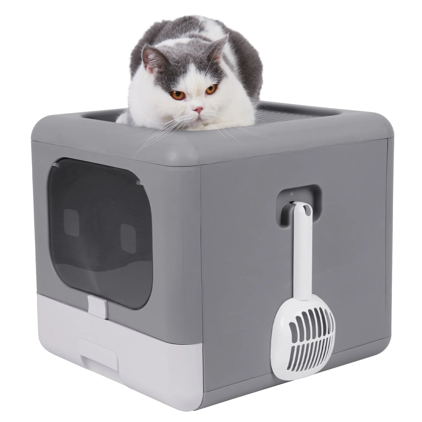 Cat Litter Box with Scoop and Tray Sifting Enclosed, Foldable Kitten Toilet, Detachable Poop Top and Front Entry.