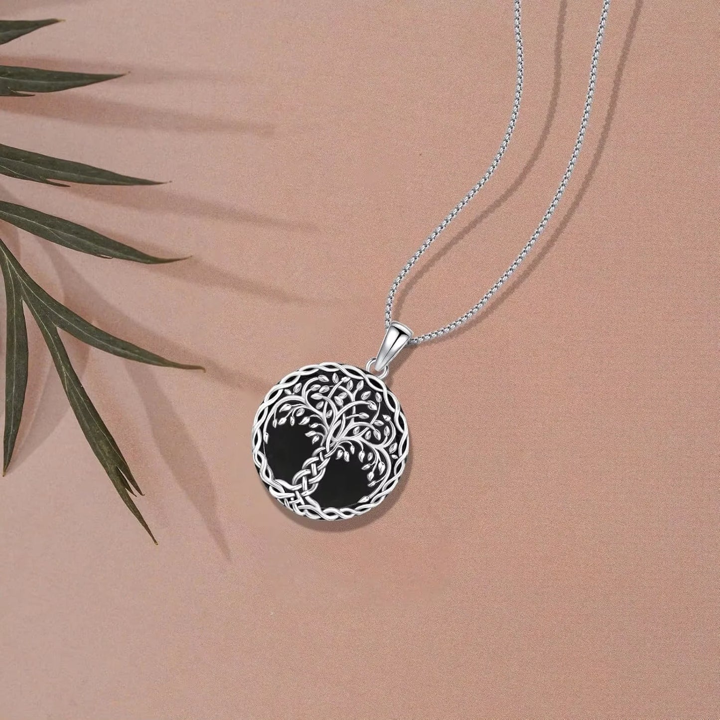 925 Sterling Silver Tree of Life Necklace Pendant Black Agate Celtic Knot