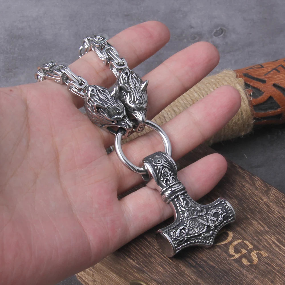 Viking Thor hammer pendant necklace, titanium steel wolf head chain necklace