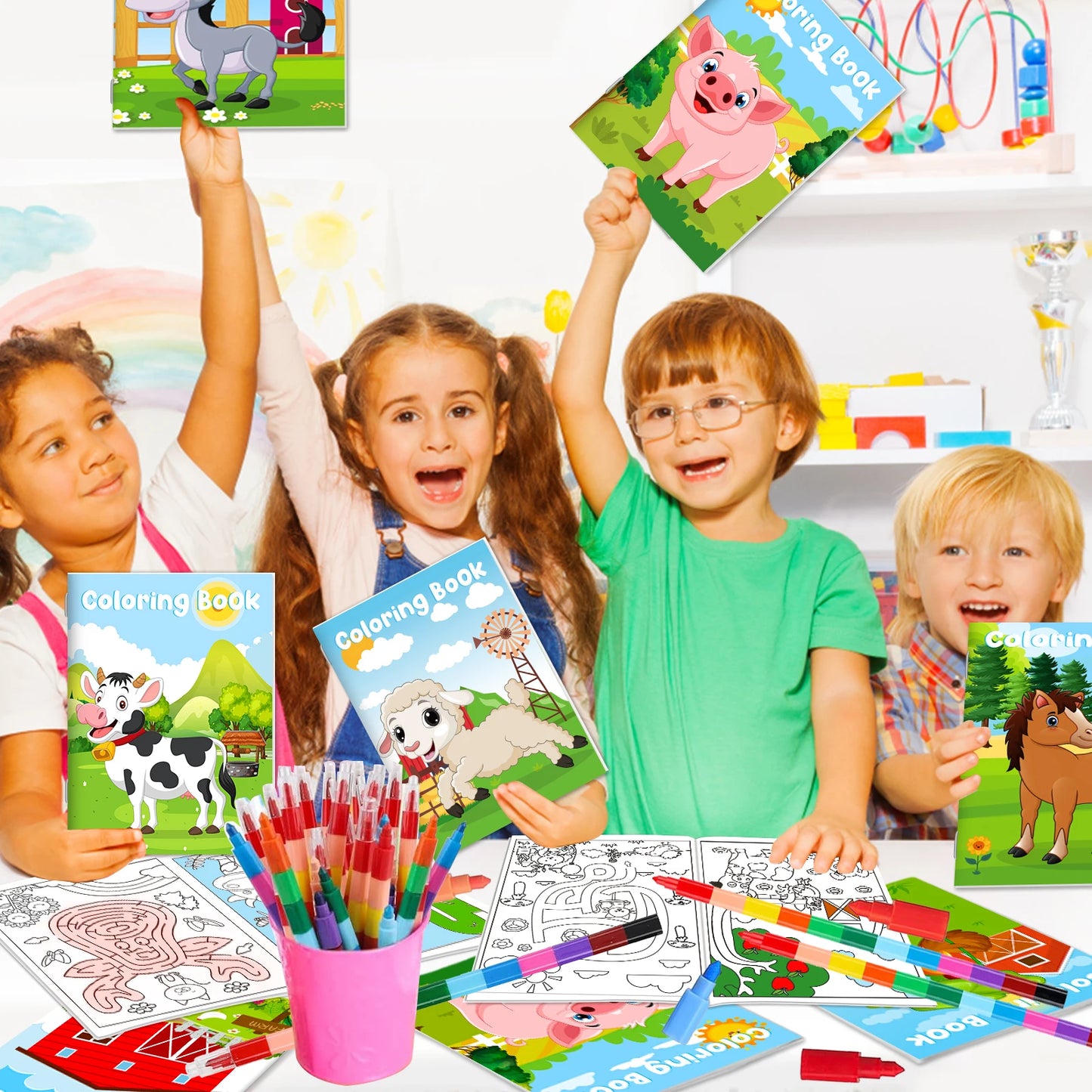 24Pcs Farm Coloring Books for Kids with 24 Stacking Crayons, Mini Coloring Book, Cows, Horses, Barns, Small A