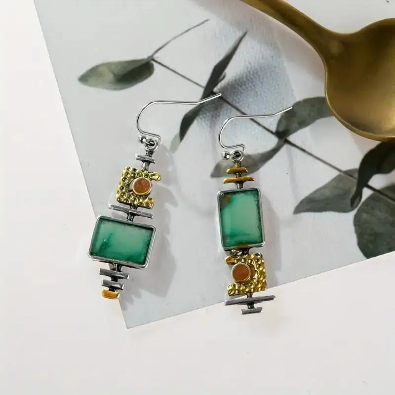1 Pair Vintage Geometric Drop Earrings – Boho Synthetic Gemstone for Women