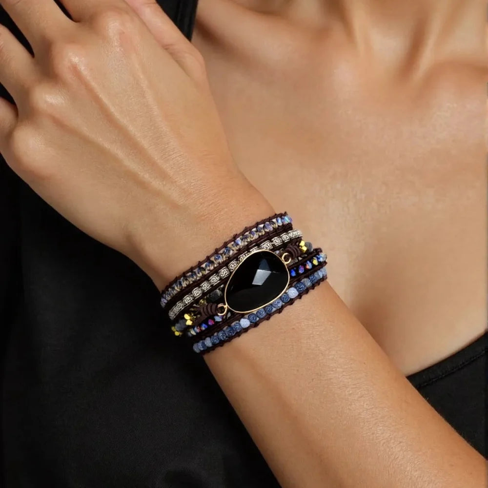 Exclusive Leather, Black Onyx Mix 5 Strands women/men Wrap Bracelet