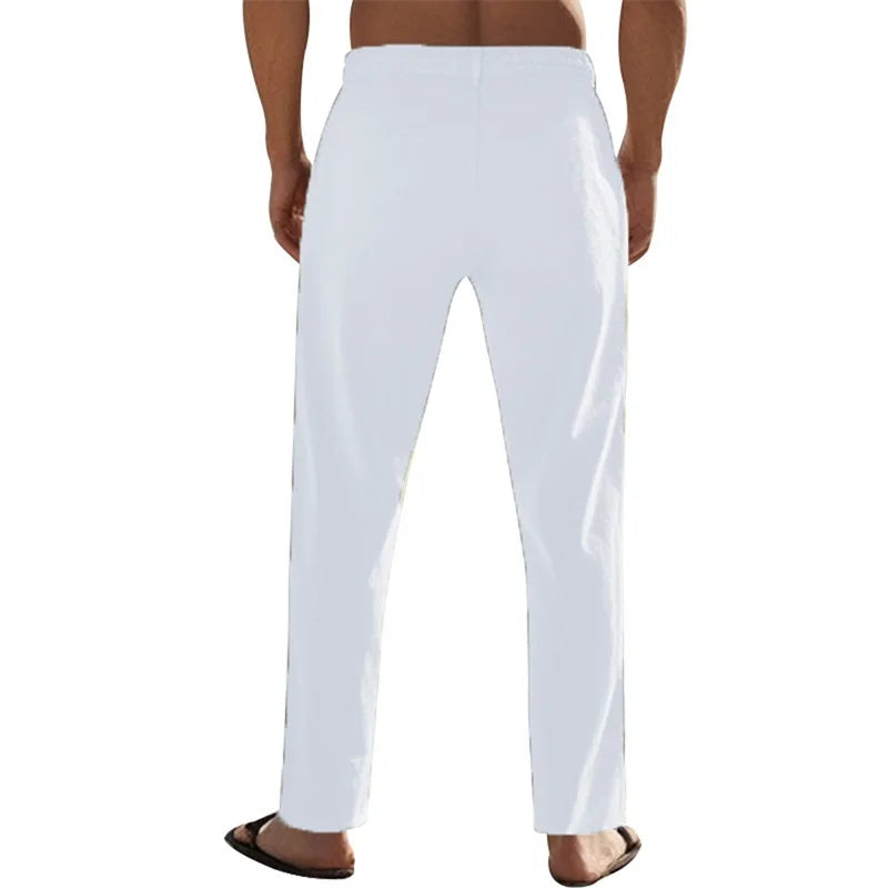 Men's Lightweight Linen Trousers with Adjustable Drawstring Waistband and Straight Leg Design.