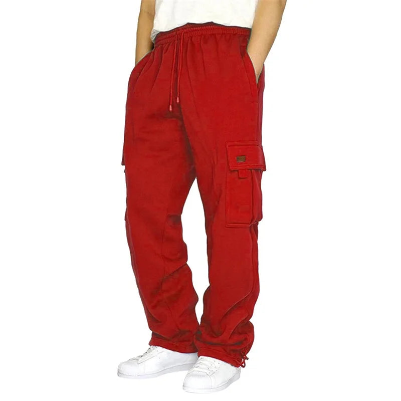 Men’s Loose Cargo Casual Drawstring Elastic Waist Wide Leg Outdoor Trousers