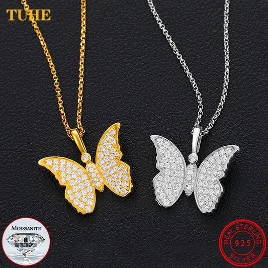 Real Moissanite Butterfly Pendant Necklace for Women 925 Sterling Silver