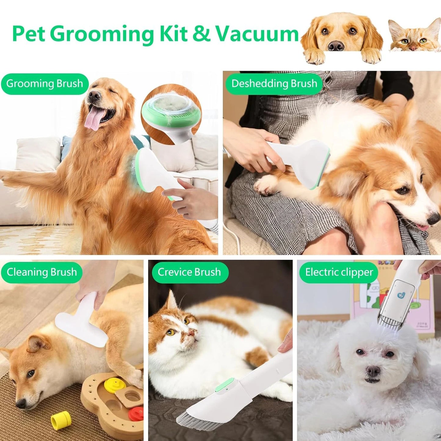 Pet Grooming Kit with 2L Vacuum Suction 99% Pet Hair, Professional Quiet Dog Grooming Vacuum Kit with 5 Grooming Tools for Pets.