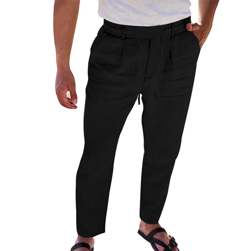 Men's Lightweight Linen Trousers with Adjustable Drawstring Waistband and Straight Leg Design.