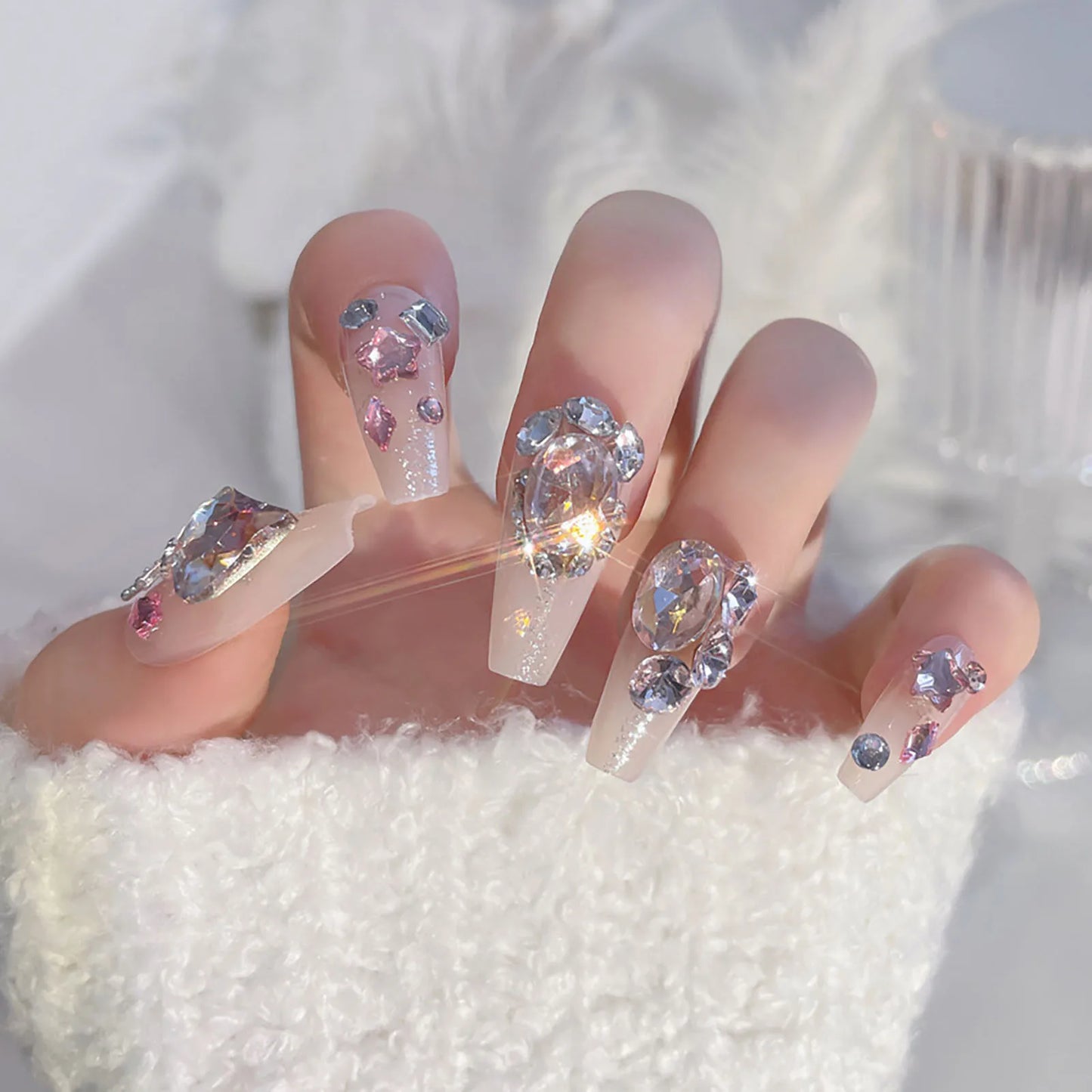 French False Nail for Women Coffin White Tips with Star Pattern