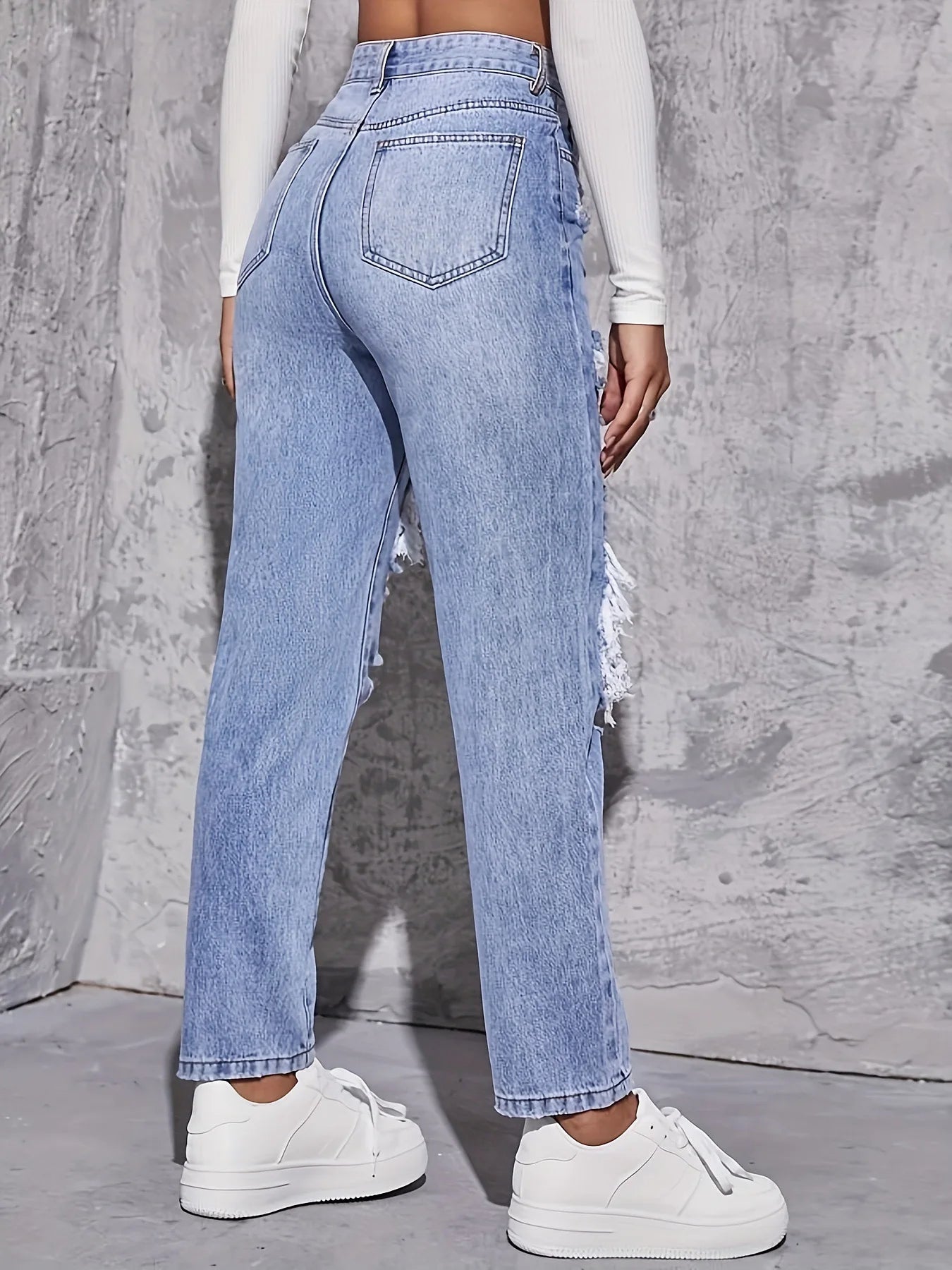 Women's New Denim Pants, High Waisted Straight Leg, Perforated, Casual Style, Fashionable and Versatile