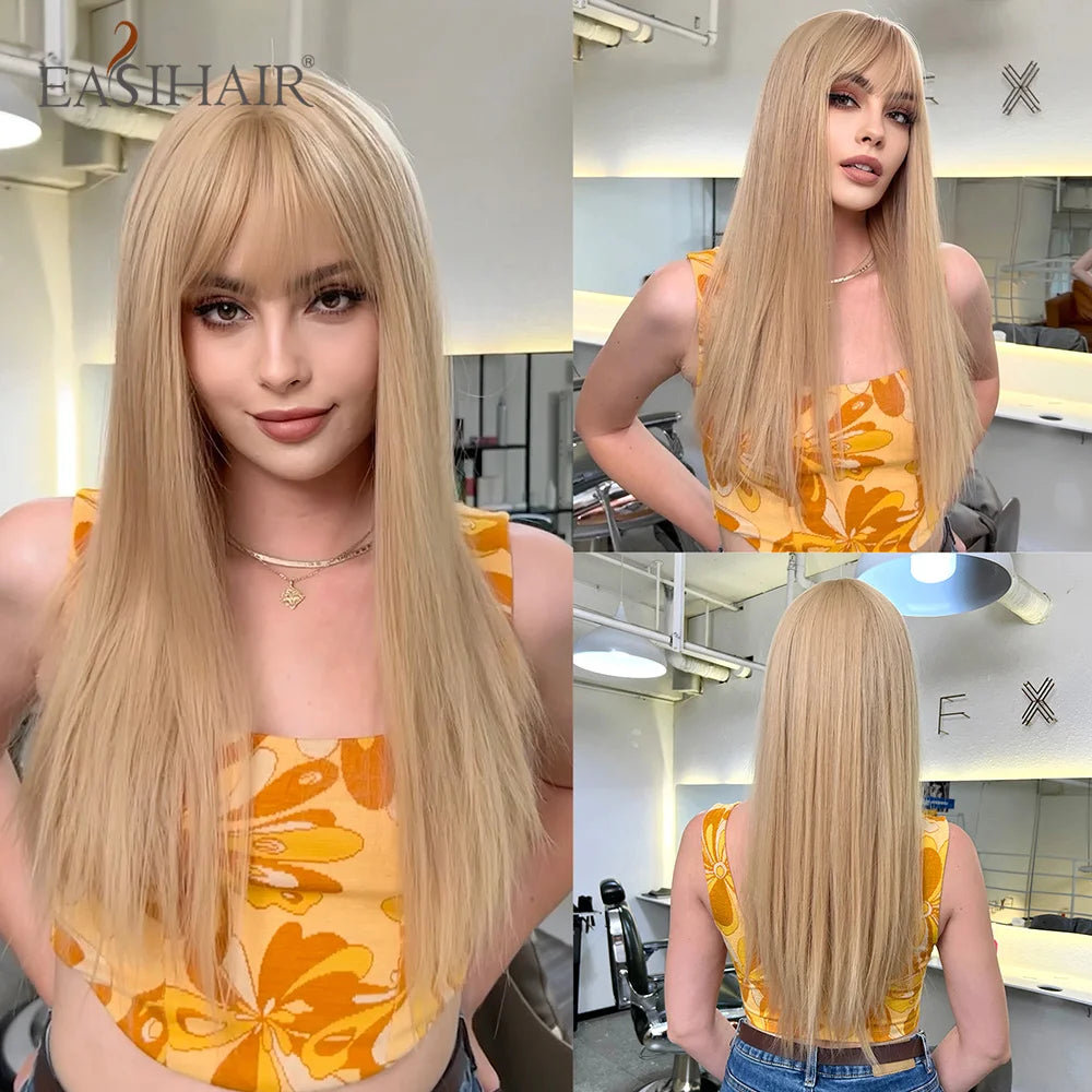 EASIHAIR Long Silky Straight Synthetic Wigs with Bangs Black Lolita Hairm, Natural Heat Resistant Wig