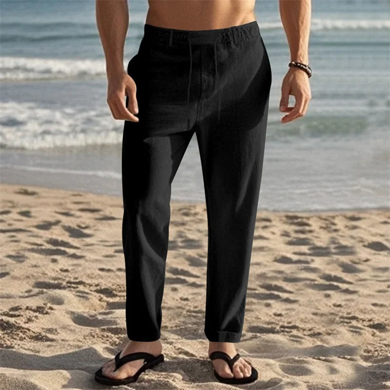 Men s Lightweight Drawstring Linen Pants with Pockets Comfortable Straight Leg Casual Trousers