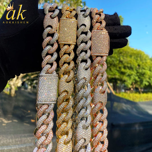 Aokaishen Iced Out Cuban Link Chain for Men Two Tone Prong Necklace Real Copper Cubic Zirconia