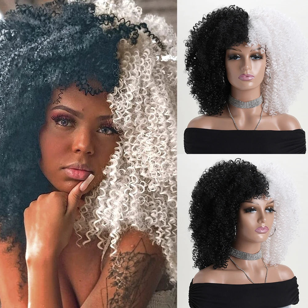 16 Inch Afro Kinky Curly Hair Wigs With Bangs, Soft Fluffy Synthetic Fiber, None Lace Wigs