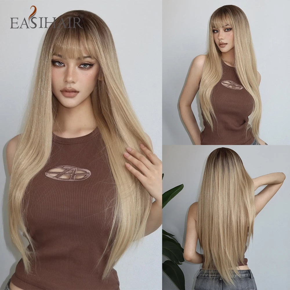 EASIHAIR Long Silky Straight Synthetic Wigs with Bangs Black Lolita Hairm, Natural Heat Resistant Wig