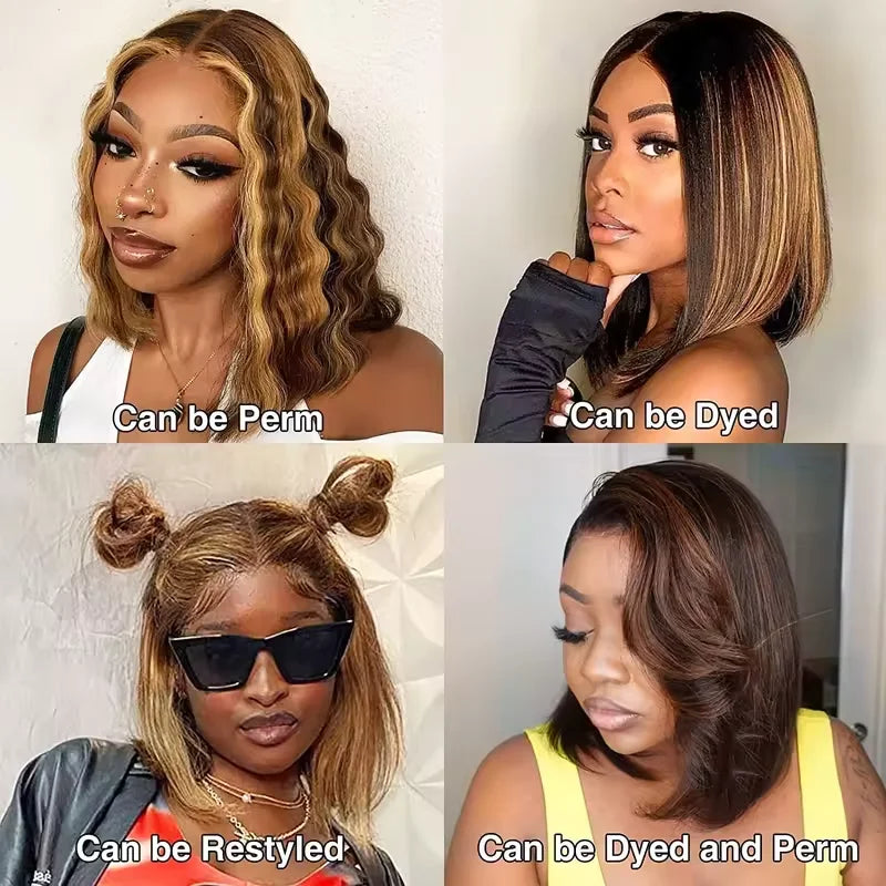 4/27 Highlight Bob Straight Lace Front Wig, Human Hair Ombre Brown, Frontal Bob Human Hair, Glueless wear to go