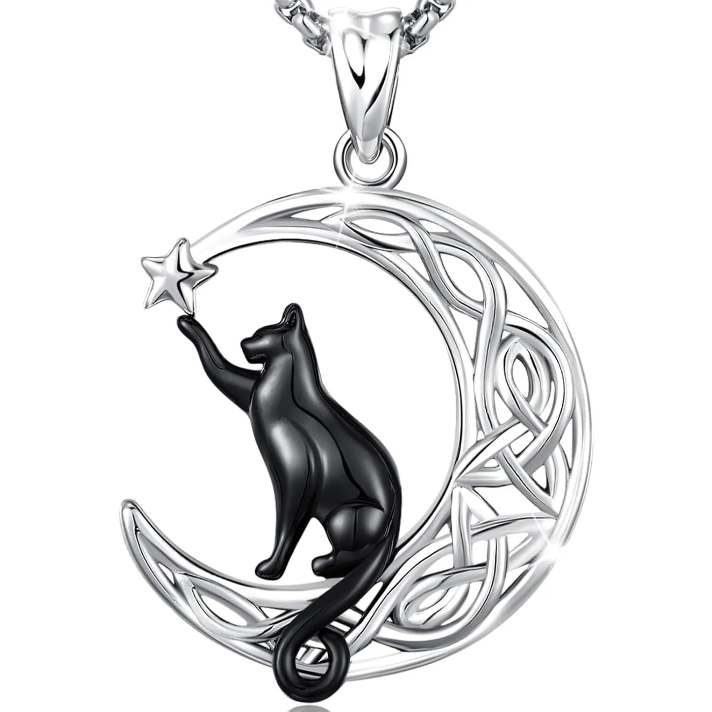 Black Cat Celtic knot Necklace 925 Sterling Silver Cute Animal Pendant