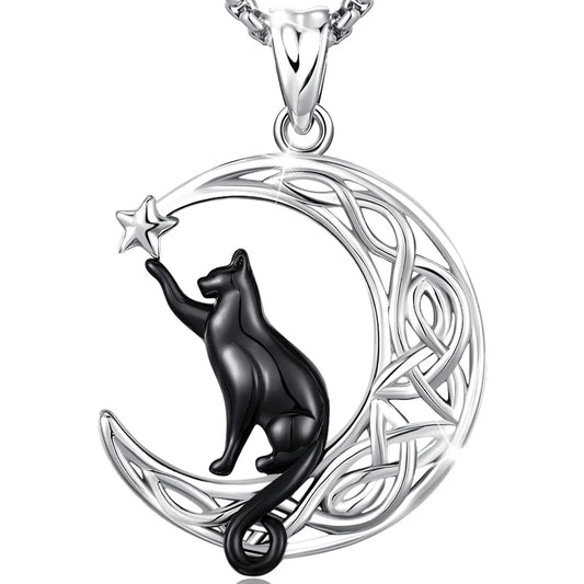 Black Cat Celtic knot Necklace 925 Sterling Silver Cute Animal Pendant