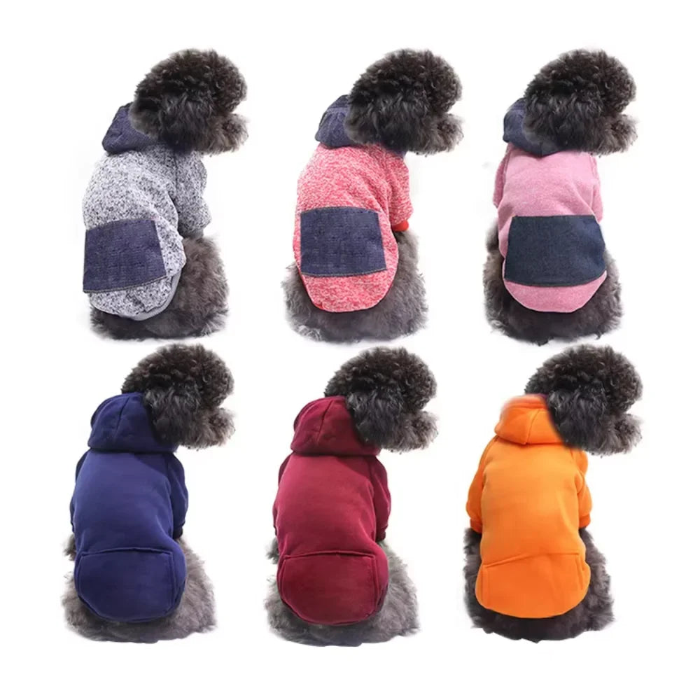 Dog/Cat Hoodie, Pet Warm Autumn Winter Coat, Solid Color Cotton Dog Clothes with Pocket, Outdoor Designer Clothes