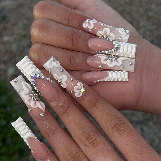 Rhinestone Embellished White Long Square UV Gel Nails
