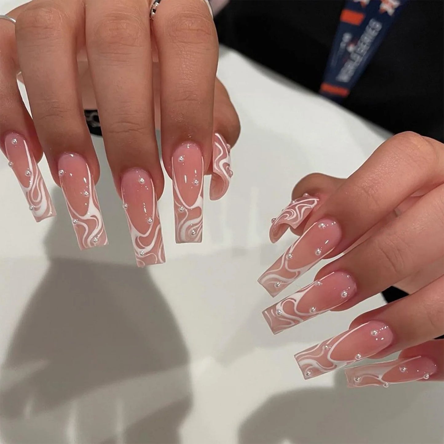Rhinestone Embellished White Long Square UV Gel Nails