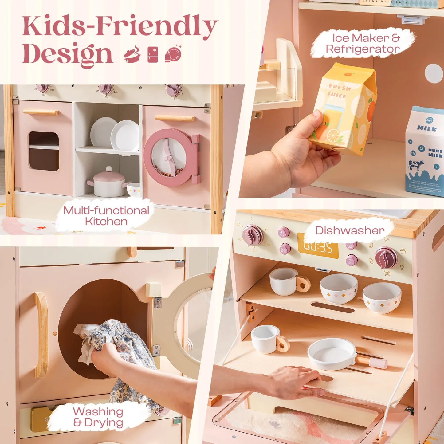 Robotime Robud Kids Corner Kitchen Playset, Wooden Play Kitchen Set with Realistic Sound for Boys and Girls, Pink