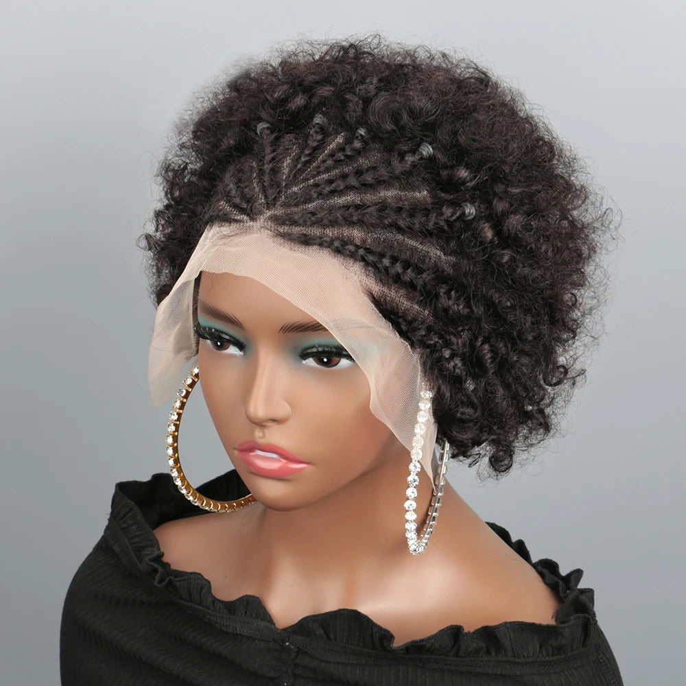 13X4 Afro Kinky Curly Wave Bob Lace Front Braided, Brazilian Remy Human Hair Lace Wig