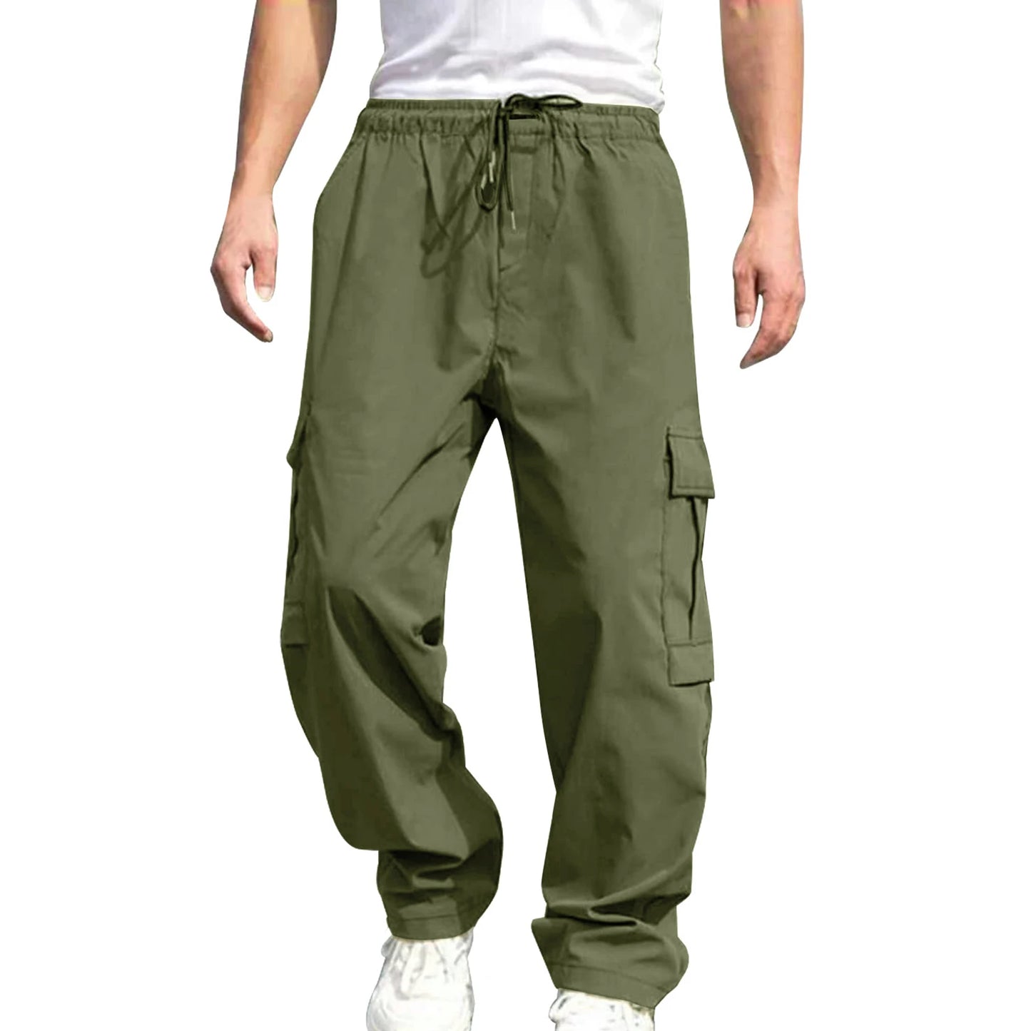 Men's Loose Cargo Pants, Drawstring Waist Straight Leg Pants with Pockets