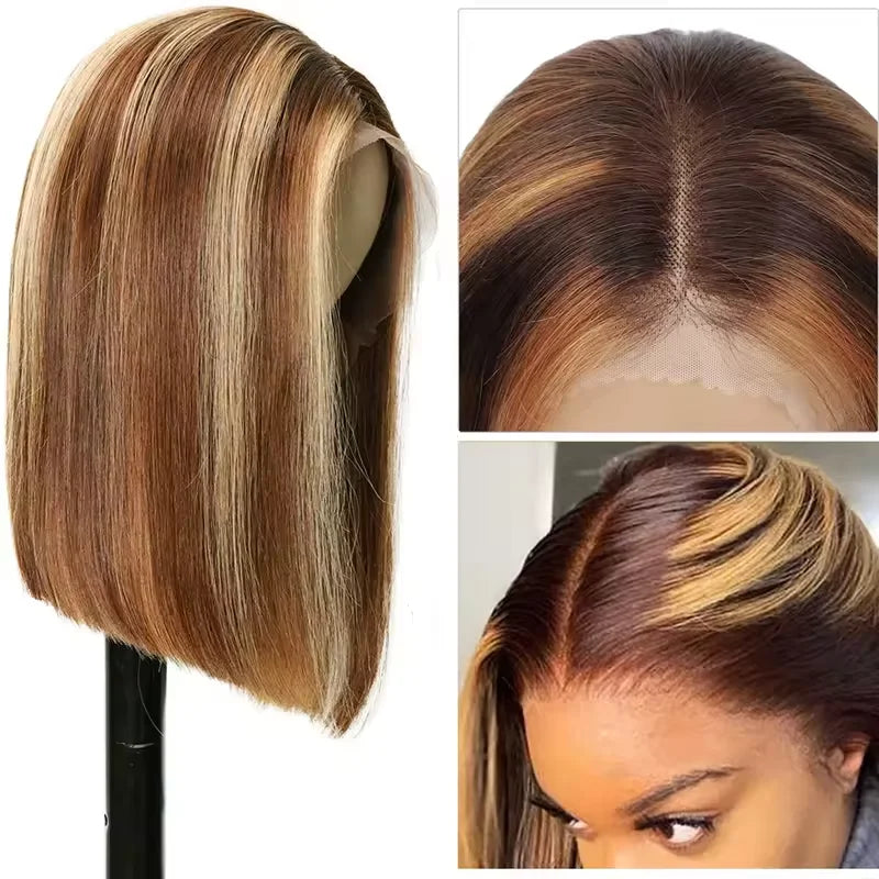 4/27 Highlight Bob Straight Lace Front Wig, Human Hair Ombre Brown, Frontal Bob Human Hair, Glueless wear to go