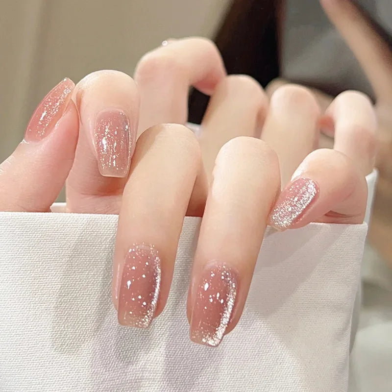 24Pcs Pink Cat Eye Press on Nails, Bowknot Heart, Short Square Fake Nails