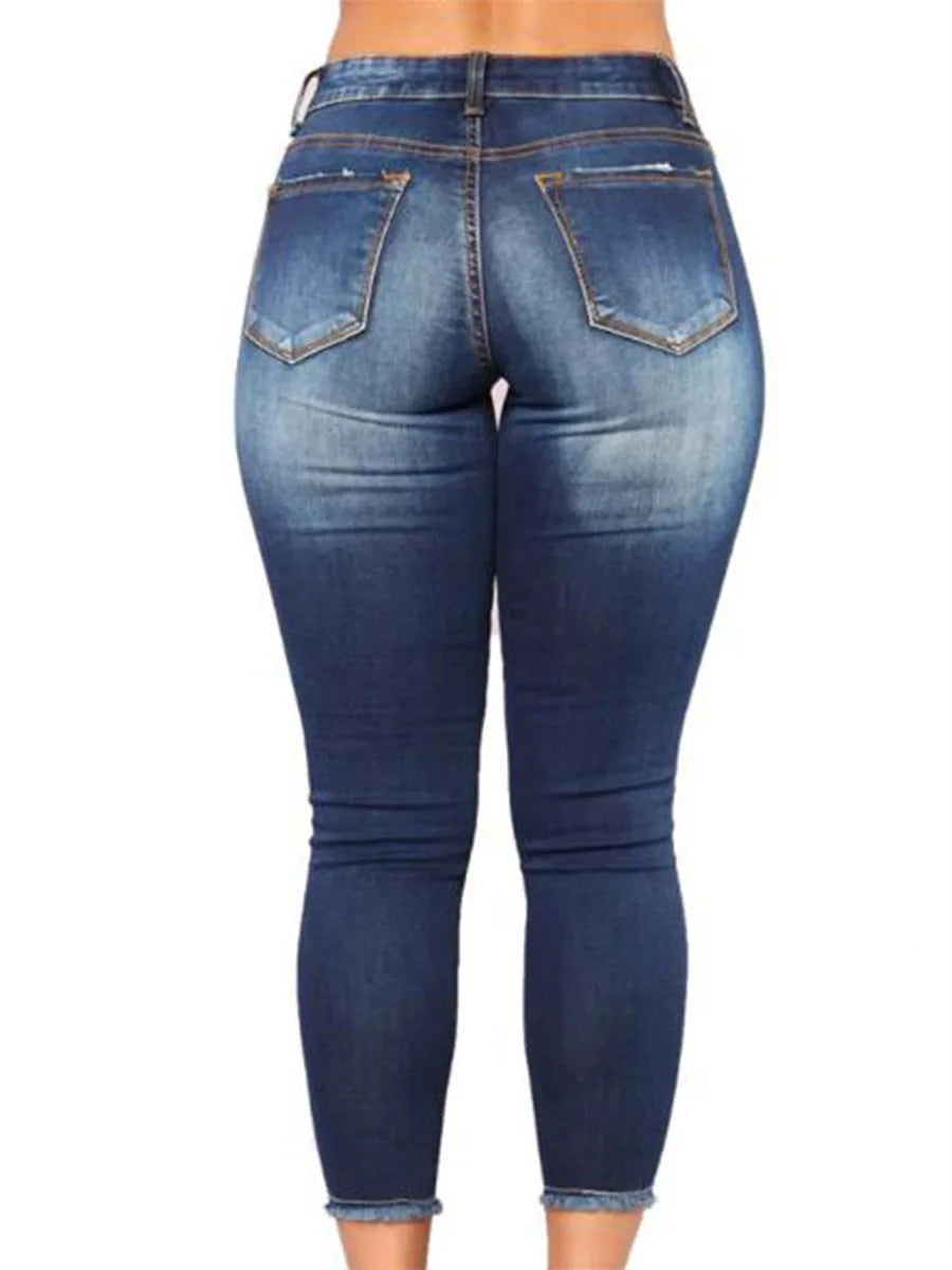 Ladies High Waist Skinny Jeans Stretch Ripped Denim Pants Distressed Cropped Casual Streetwear Fashion
