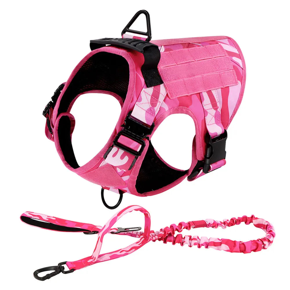 Military Pink Camouflage Dog Harness for Large/Medium Dogs, Harnesses Leash Adjustable, Pet German Shepherd Tactical Training Vest.