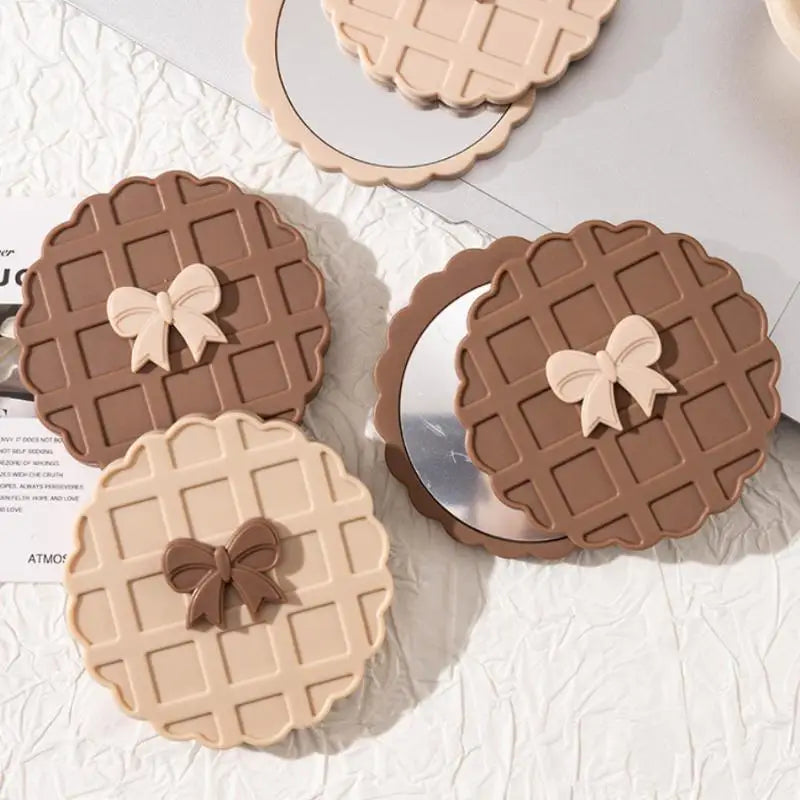 1PCS Waffle Shape Slide Double-Sided Makeup Mirror, Portable Compact Pocket Hand Personalized Beauty Cosmetic Mirror,