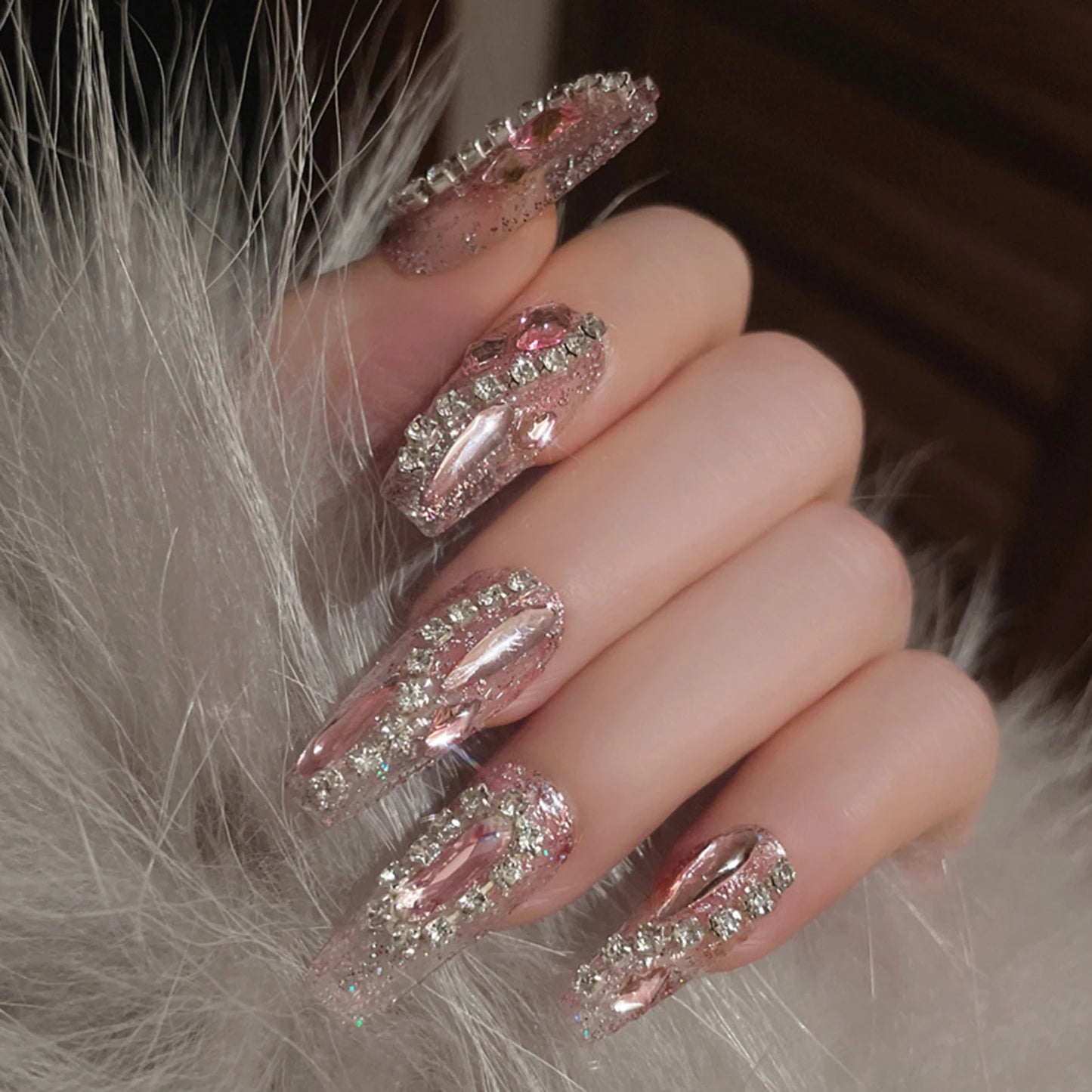 Pink Press on Nails with Glitter Setting Durable & Never Splitting Comfort Fake Nails