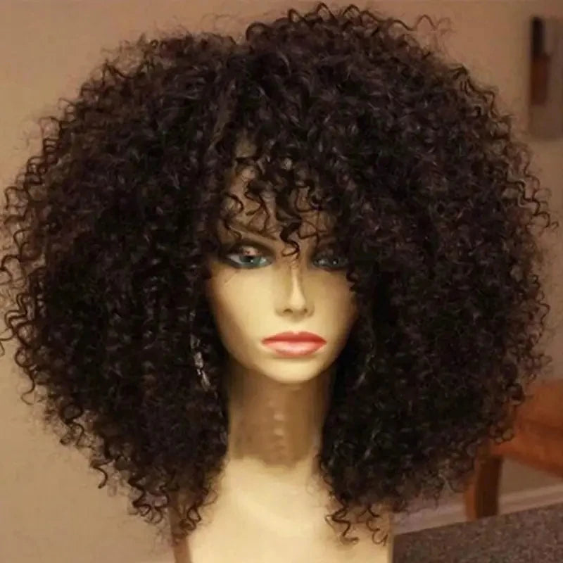 16 Inch Afro Kinky Curly Hair Wigs With Bangs, Soft Fluffy Synthetic Fiber, None Lace Wigs