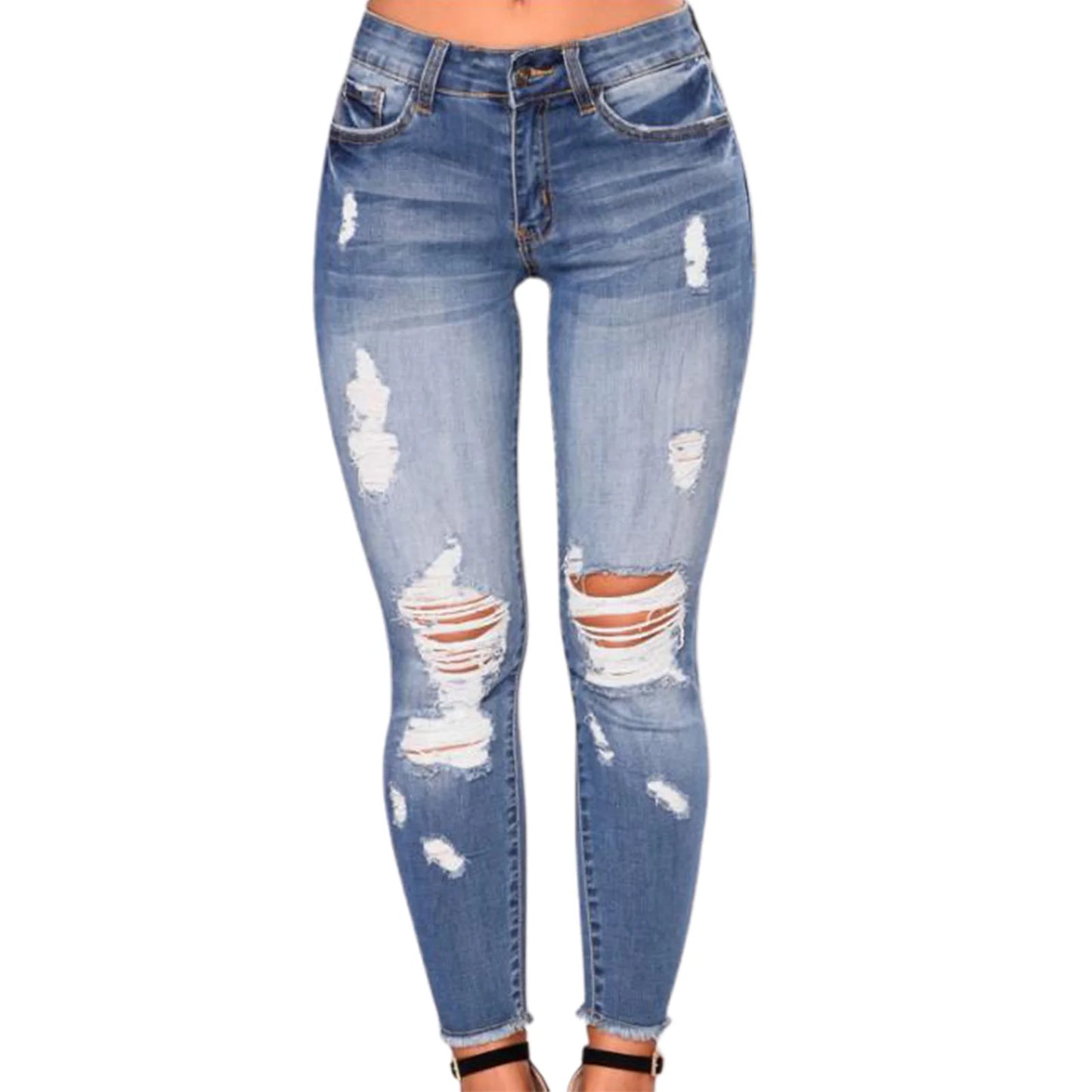 Ladies High Waist Skinny Jeans Stretch Ripped Denim Pants Distressed Cropped Casual Streetwear Fashion