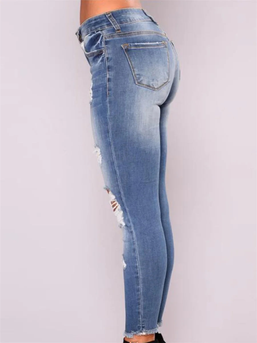 Ladies High Waist Skinny Jeans Stretch Ripped Denim Pants Distressed Cropped Casual Streetwear Fashion