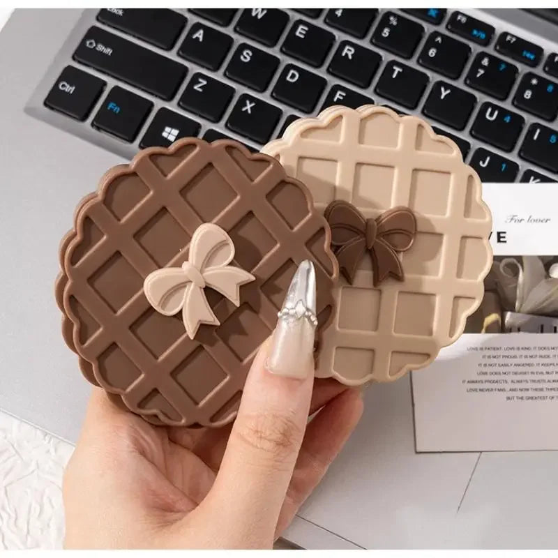 1PCS Waffle Shape Slide Double-Sided Makeup Mirror, Portable Compact Pocket Hand Personalized Beauty Cosmetic Mirror,