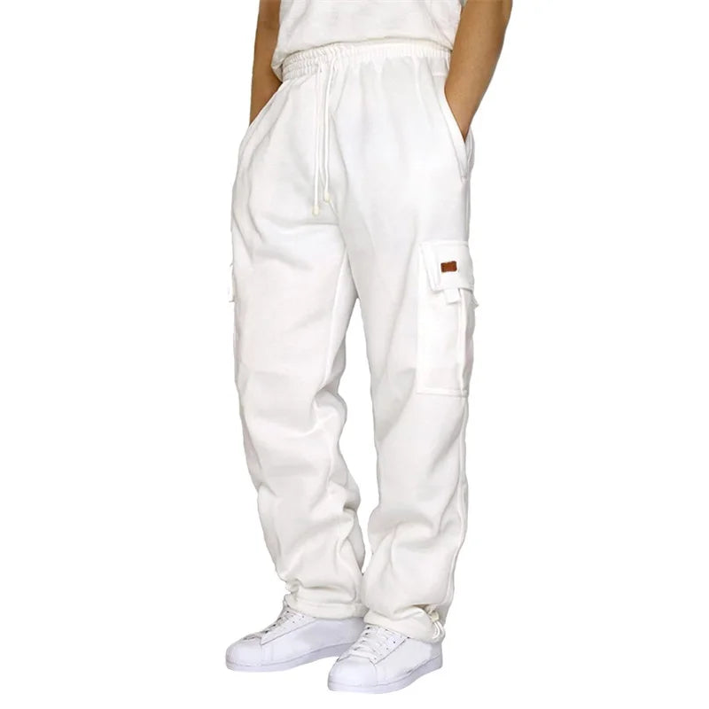 Men’s Loose Cargo Casual Drawstring Elastic Waist Wide Leg Outdoor Trousers