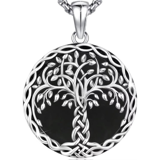 925 Sterling Silver Tree of Life Necklace Pendant Black Agate Celtic Knot
