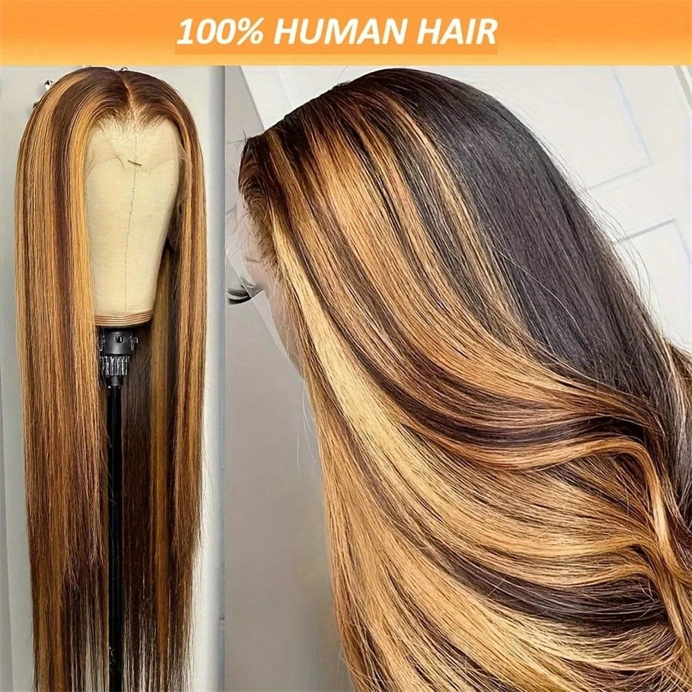 40 44 Inch 13x6 Hd Bone Straight Lace Frontal Human Hair Wigs, Brazilian Colored Highlight Ombre, Raw 360 Full Lace