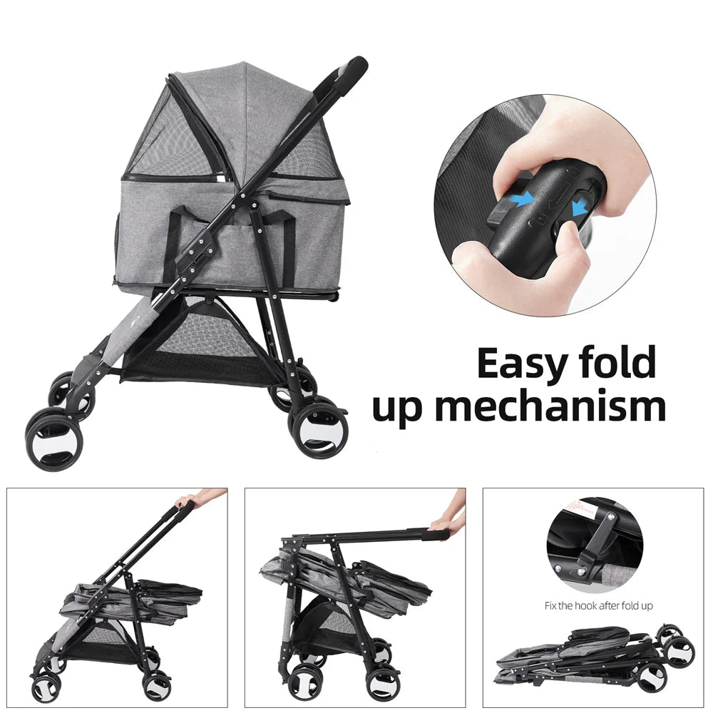 Pet Dog Stroller Foldable Travel Carrier Cart Cat/Dog Pushchair Jogger with 4 Wheels and Rain Cover