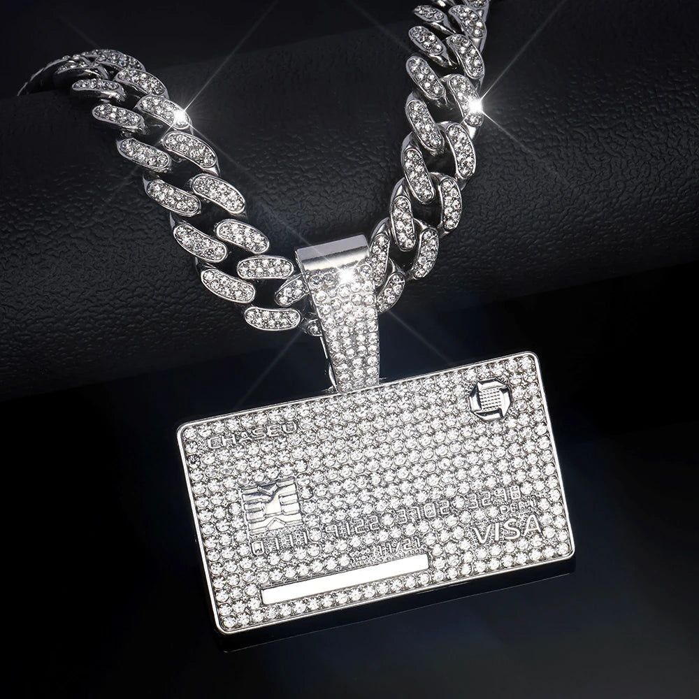 Man's Credit VISA Card Pendant With Zircon Miami Cuban Chain Necklaces