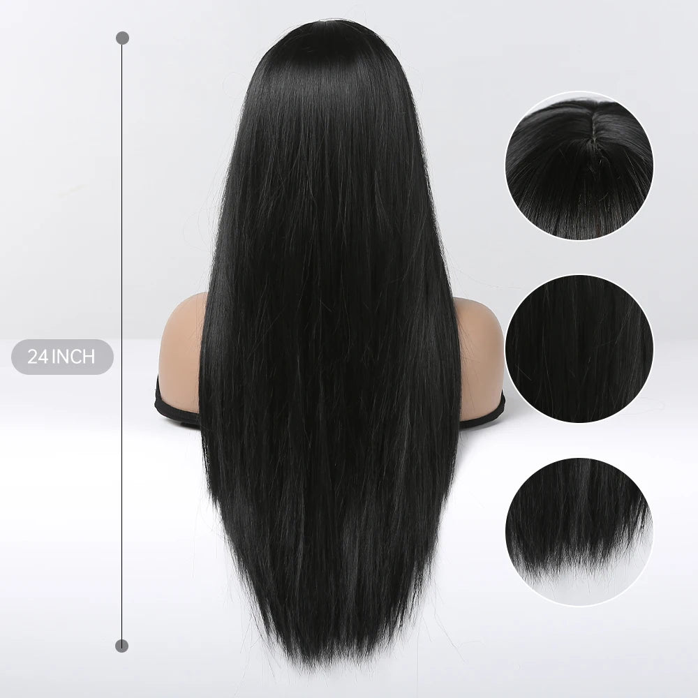EASIHAIR Long Silky Straight Synthetic Wigs with Bangs Black Lolita Hairm, Natural Heat Resistant Wig