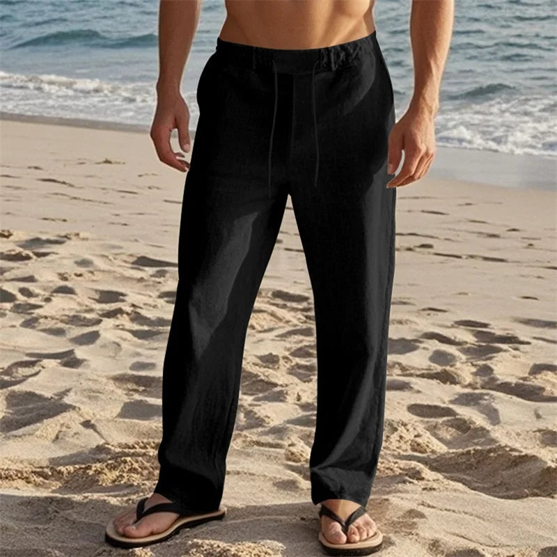 Men s Lightweight Drawstring Linen Pants with Pockets Comfortable Straight Leg Casual Trousers
